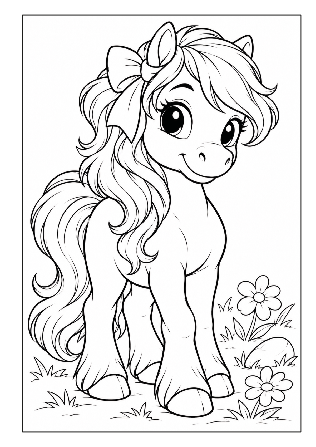 Niedliches Pony mit großer Schleife steht zwischen Blumen