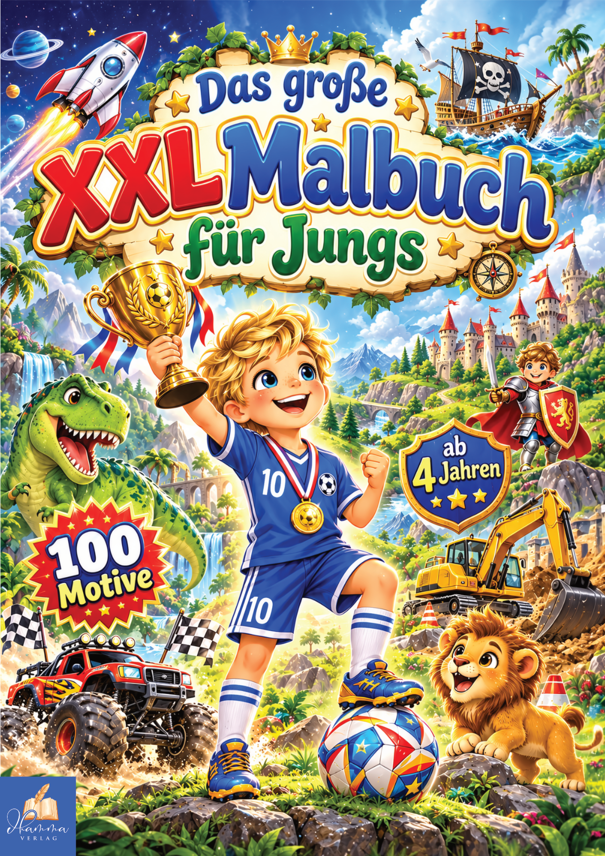 Cover mit Fußballjunge, Dinosaurier, Löwe, Monstertruck, Bagger, Ritter, Piratenschiff und Rakete in einer farbenfrohen Abenteuerlandschaft