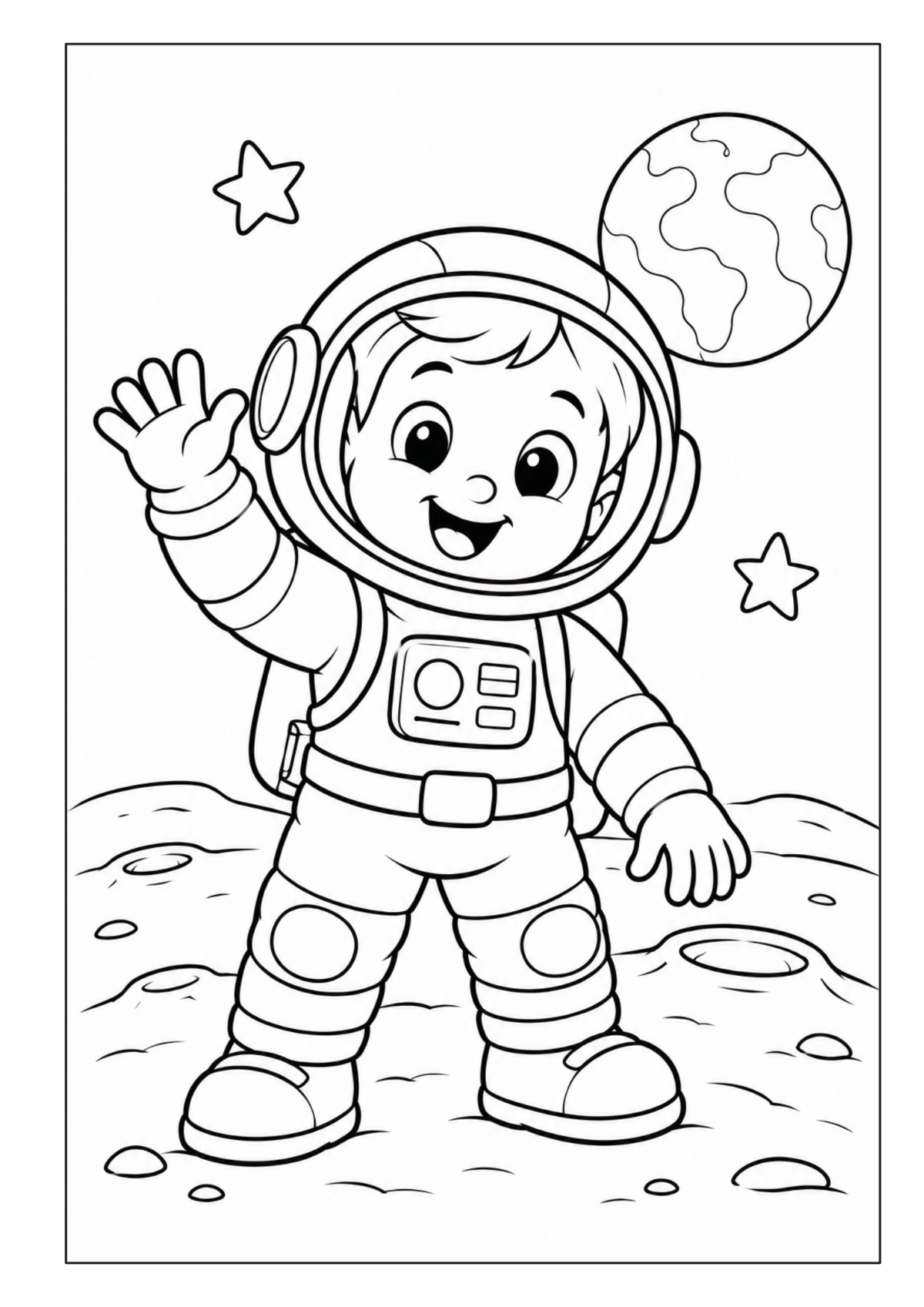 Junger Astronaut steht auf einer Mondlandschaft mit Erde und Sternen im Hintergrund