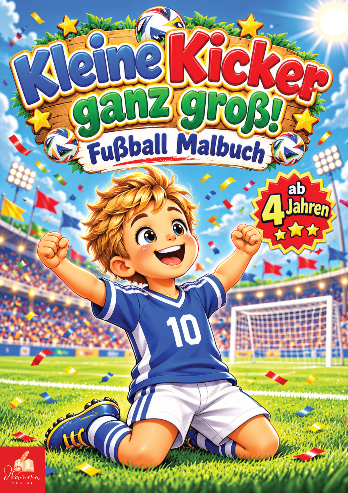Cover mit jubelndem Jungen im Fußballtrikot auf einem Fußballplatz vor Tor, Stadion und bunten Fahnen