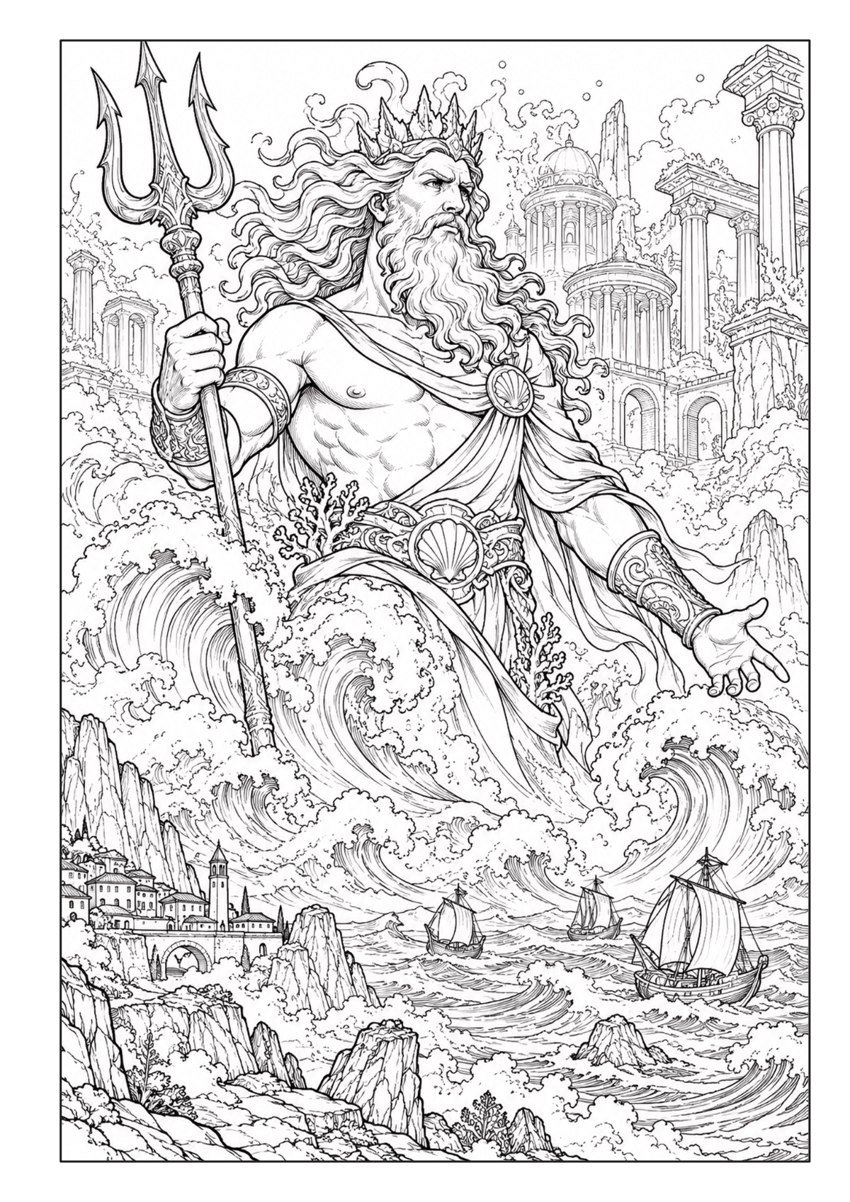 Poseidon mit Dreizack erhebt sich zwischen hohen Wellen vor einer antiken Küstenstadt