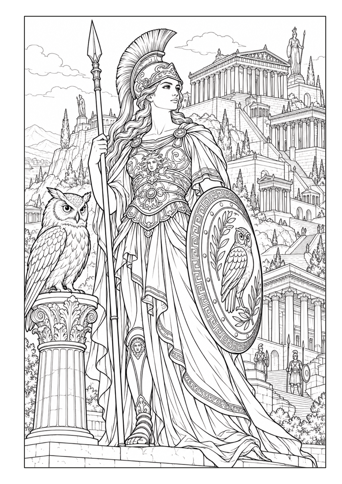 Athena mit Speer, Schild und Eule vor einer antiken Tempellandschaft